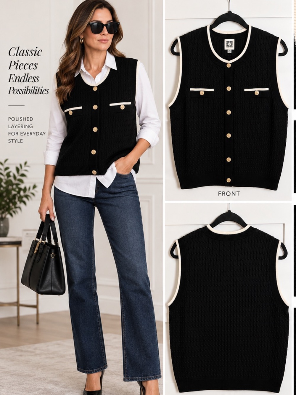 Anne Klein Black Sleeveless Knit Vest with White Trim - Runs Large